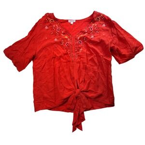 Eyeshadow Embroidered Tie-Front Top Blouse Floral Red Short Sleeve‎ S Boho